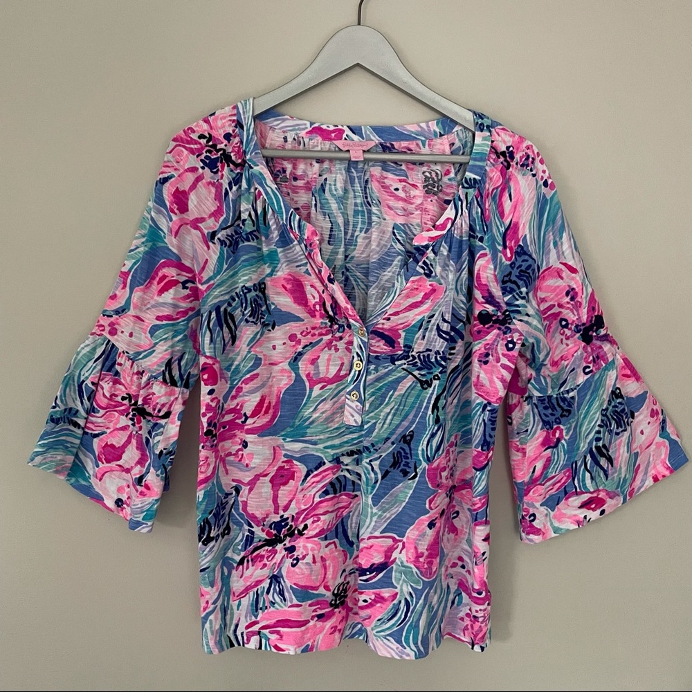 Lilly Pulitzer Flounce Bell Sleeve Floral 3/4 Sleeve Top | Size Large